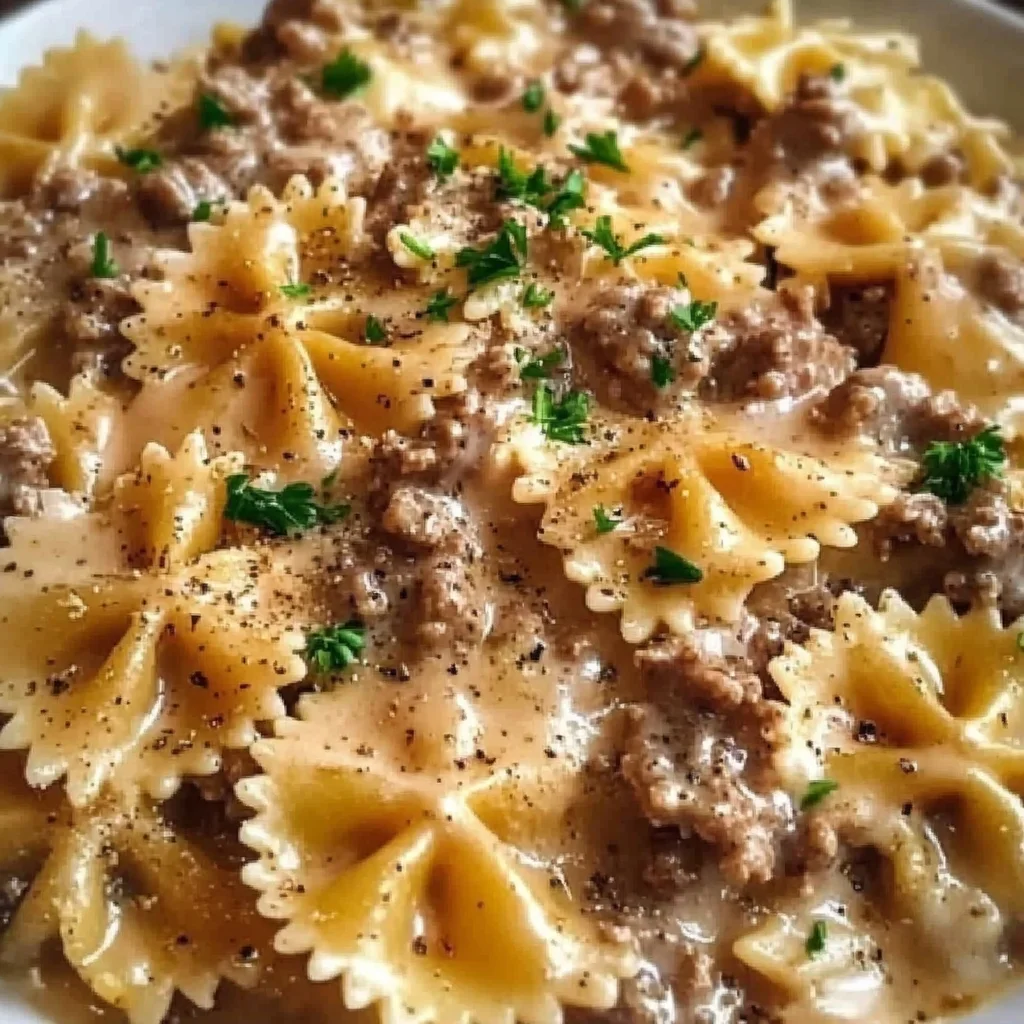 Creamy Parmesan Garlic Beef Bowtie Pasta