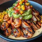 Grilled Shrimp Bowl with Avocado, Corn Salsa & Creamy Sauce