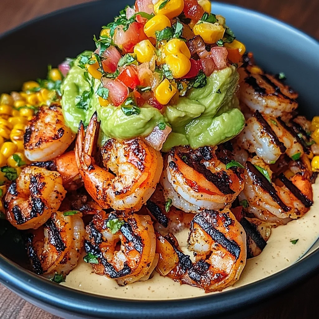 Grilled Shrimp Bowl with Avocado, Corn Salsa & Creamy Sauce
