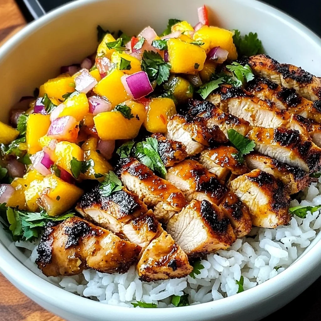 Jerk Chicken Bowls with Mango Salsa and Coconut Rice