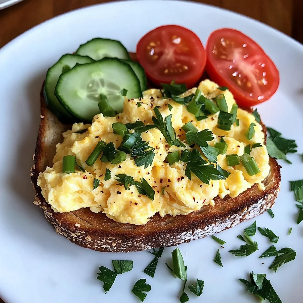 Creamy Scrambled Egg Toast with Fresh Cucumber & Tomato Slices