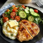 Golden Pan-Seared Chicken Breast with Creamy Mashed Potatoes & Fresh Garden Salad