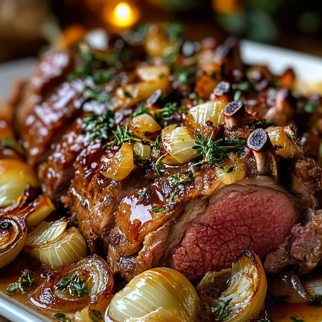 Slow-Roasted Lamb Shoulder with Roasted Garlic, Caramelized Onions & Honey Herb Glaze