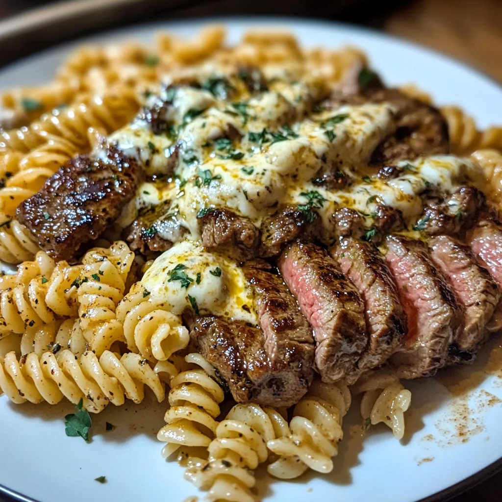 Spicy Garlic Butter Steak with Melted Mozzarella Rotini
