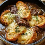 French Onion Beef Stew with Cheesy Bread Topping: A Cozy Gourmet Delight