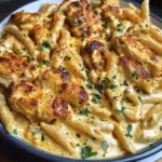 Garlic Parmesan Chicken Penne in Creamy Cajun Three-Cheese Sauce