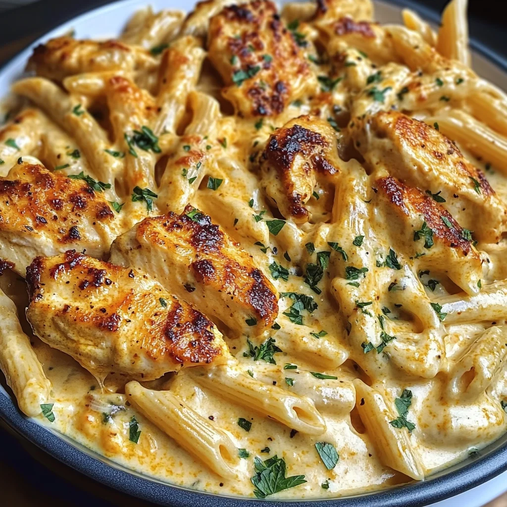 Garlic Parmesan Chicken Penne in Creamy Cajun Three-Cheese Sauce