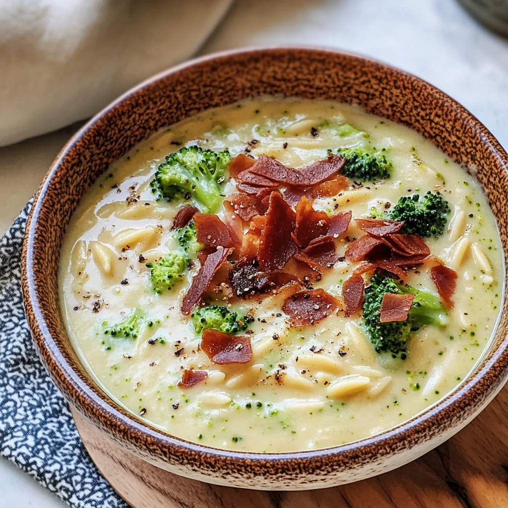 Broccoli Cheddar Orzo Soup with Crispy Prosciutto