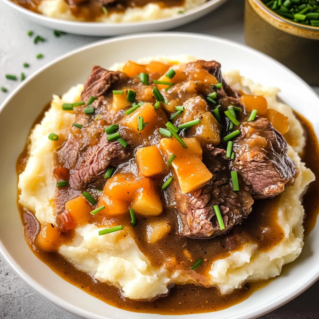 Fall Apple Cider Stew over Mashed Potatoes